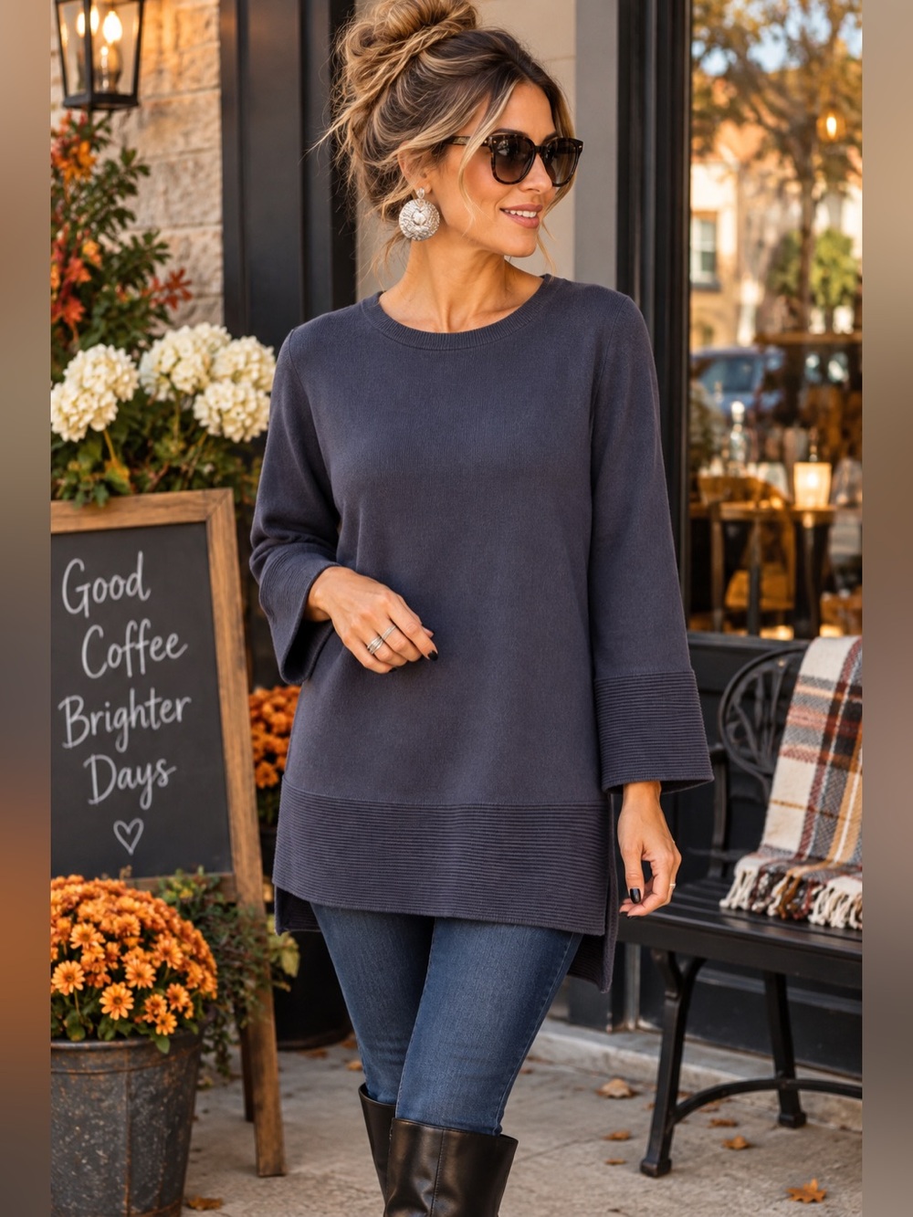 Lands’ End Outfitters Navy Tunic Sweater M Ribbed Cuff Hem Relaxed Fit
